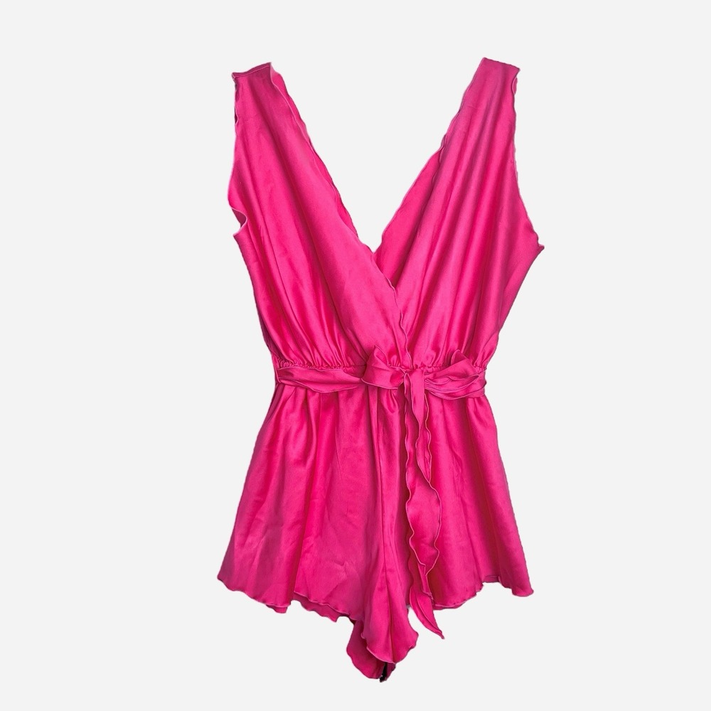 Vintage 70s Miss Elaine Pink Satin‎ Teddy Lingerie Romper Ruffle Tie Belt Large